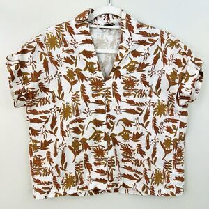 Brooke Wright Designs White 7 Brown Leaf Print Kimono Pleat Top Resort Wear M/L